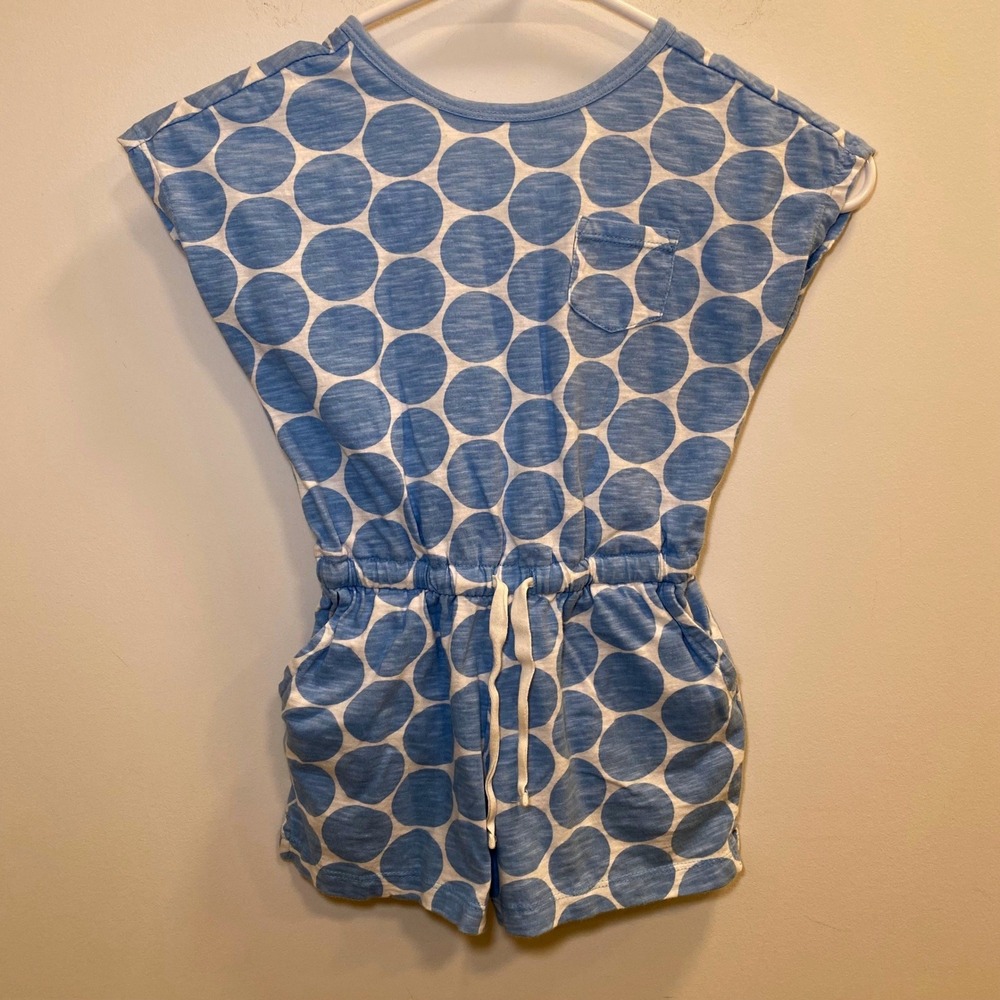 Primary Polka Dot Romper Kids 4/5 Blue Slub 100% Cotton Summer Playwear Retro